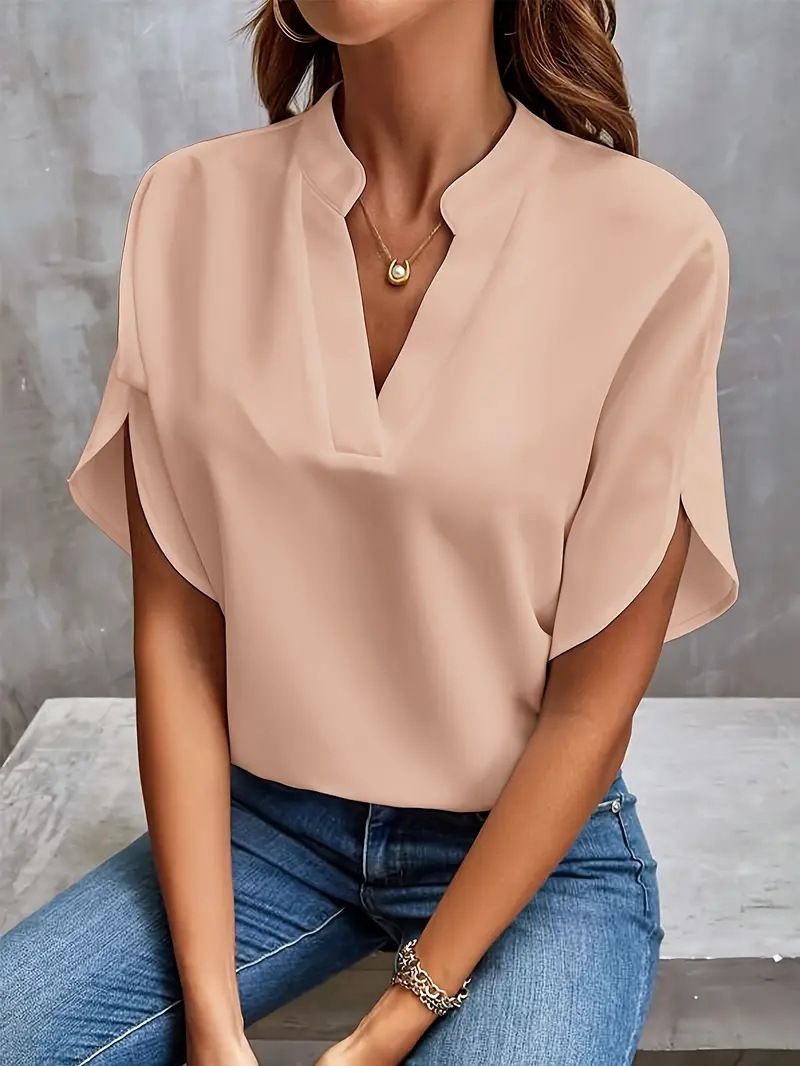 Maglione a maniche corte europeo e americano casual versatile da donna solido da ufficio, bellezza, maglietta da donna con scollo a V_voghion.com