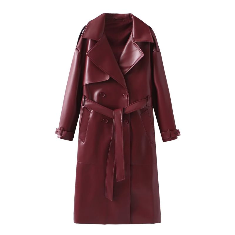 Toamna și iarna femeii noi îmbrăcăminte culoare solidă temperament slăbire vrac modă lungă din piele windbreaker pentru femei_voghion.com