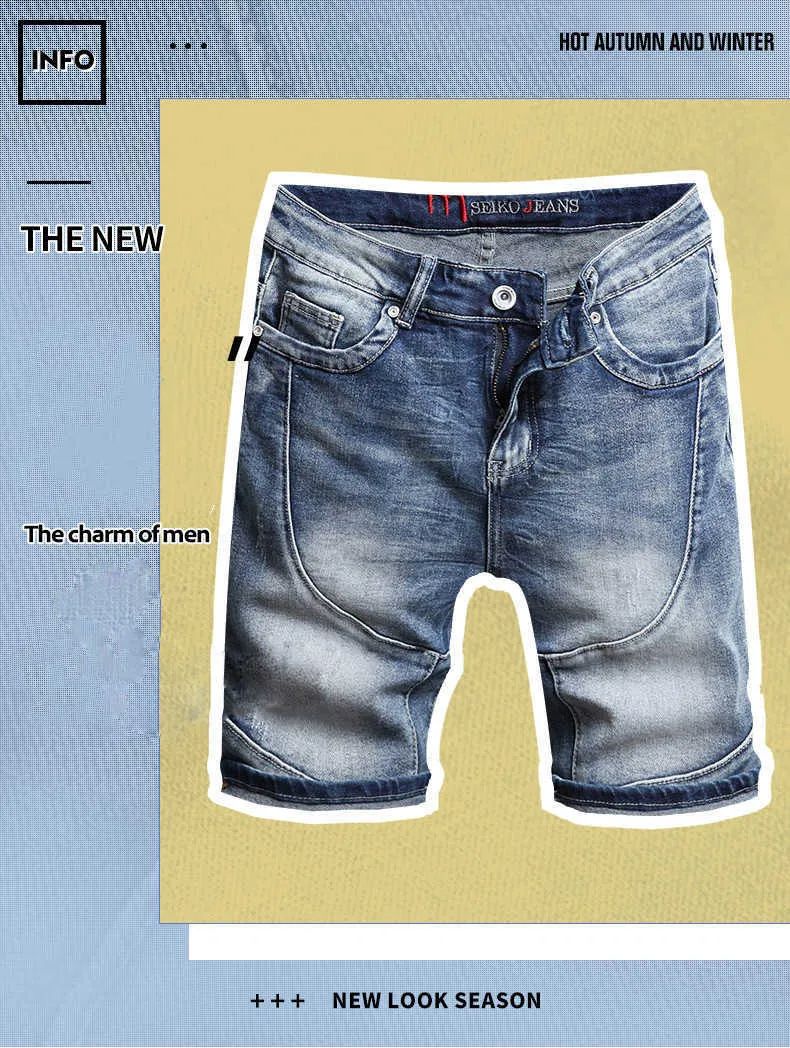 2022 Zomer Nieuwe Rechte Stretch Denim Shorts Voor Heren, Koreaanse Mode, Katoen, Streetwear, Slim-Fit Cropped Jeans, Met Panelen_voghion.com