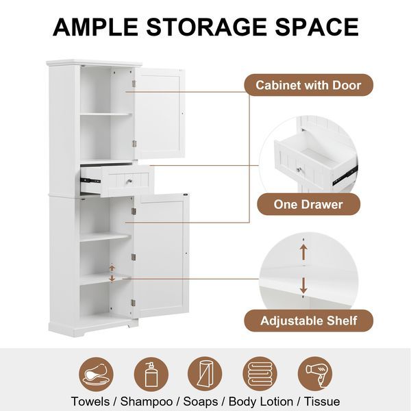 Tall Bathroom Storage Cabinet, Freestanding Storage Cabinet With Drawer And Adjustable Shelf, MDF Board With Painted Finish, White (Old Sku:WF312727_voghion.com