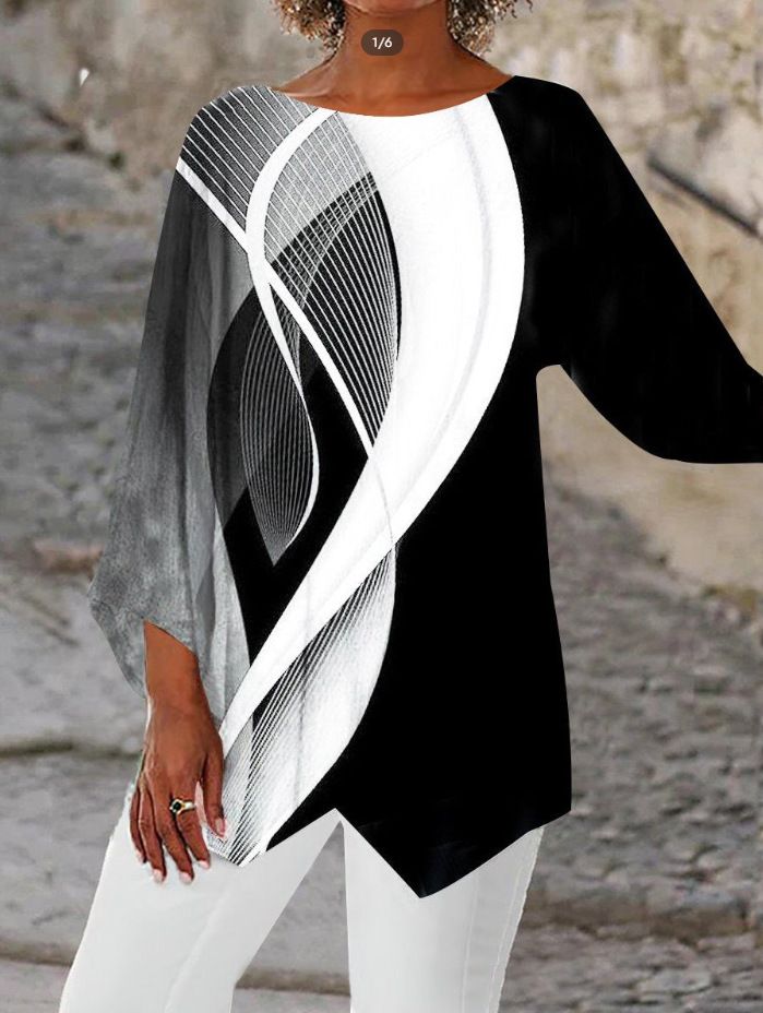 T-shirt da donna con stampa geometrica, maniche larghe a sette punti e orlo irregolare_voghion.com