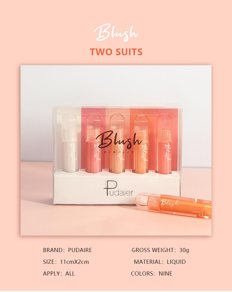 Pudaier Natural Liquid Blush Palette 9 kleuren Lichtgewicht Verlicht de teint Verbetert de natuurlijke glans 5-delige set Beauty Make-up_voghion.com