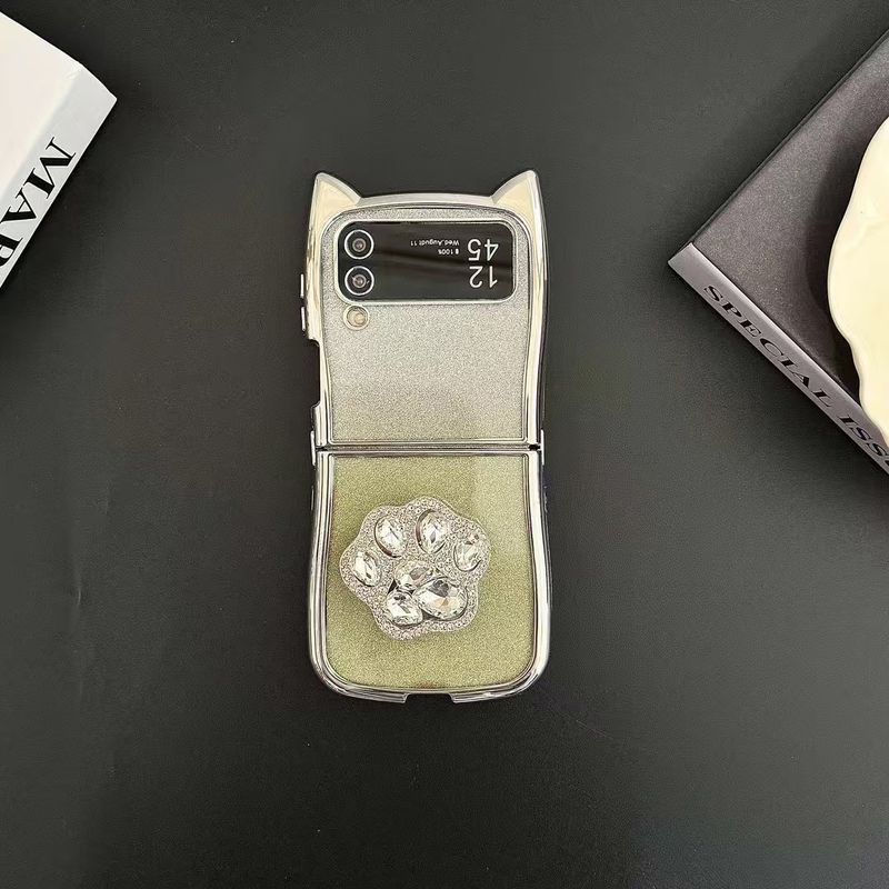 Per Samsung Galaxy Z Flip 3 4 5 6 Custodia per telefono con supporto e orecchie di gatto glitterata_voghion.com