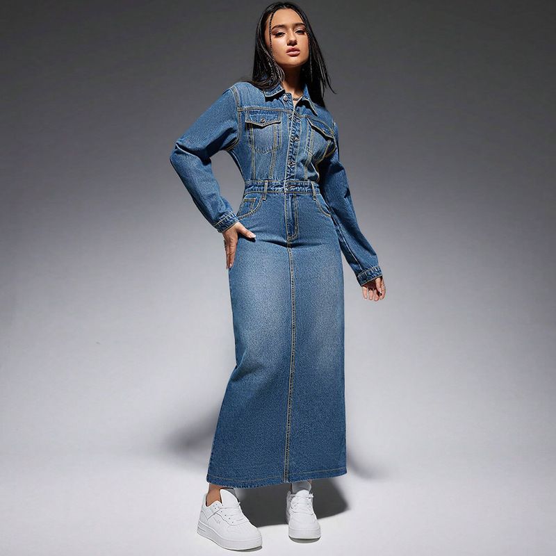Abito lungo casual da donna in denim rilassato con bottoni sul davanti e spacchi laterali (S-2XL)_voghion.com