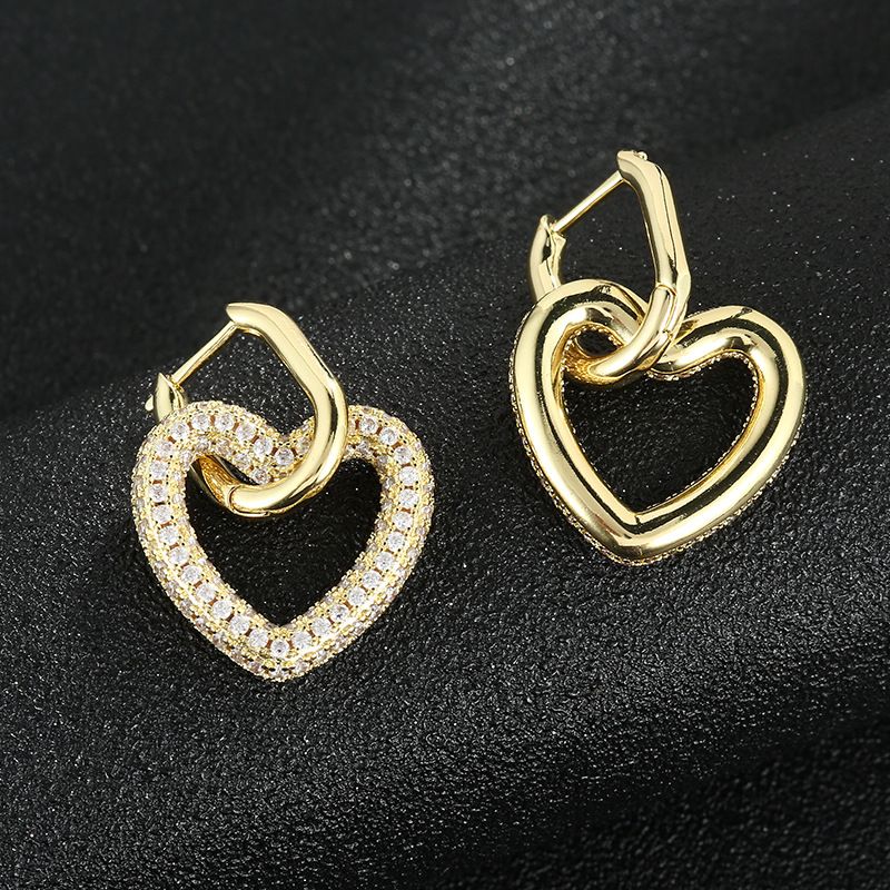 Brincos femininos geométricos com fecho duplo em formato de coração e brincos de diamante, brincos simples retrô de hip hop_voghion.com