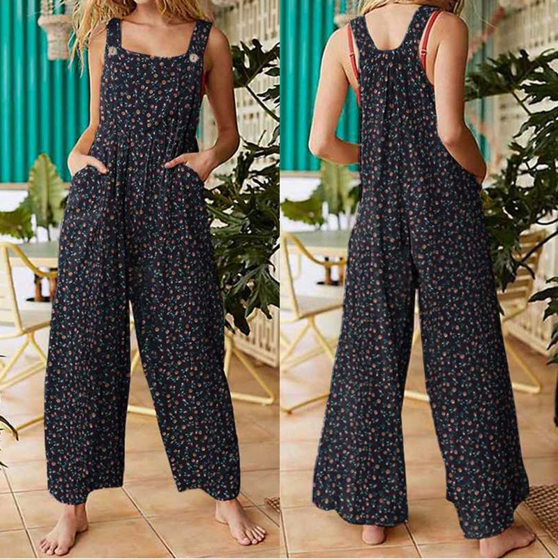 Dameklær Vår Damemote Etnisk stil Lappemønstret trykk Knapper Jumpsuit Overalls Bukser_voghion.com
