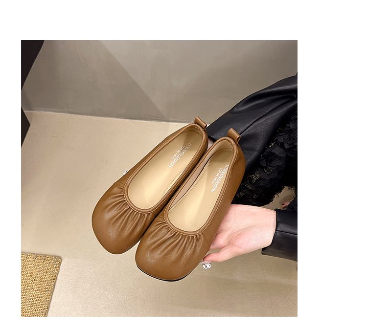Platte zolen, enkellaarsjes voor dames, Franse zachte eenpedaalsokken, zachte zolen, ondiepe mond, geplooide oma-schoenen_voghion.com
