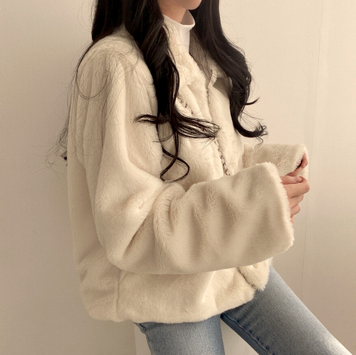 Women's lapel zipper plush feeling loose and versatile short style thickened long-sleeved coat for women_voghion.com