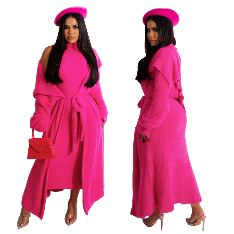 Women's dress coat two-piece set loose belt long cardigan velvet suit_voghion.com