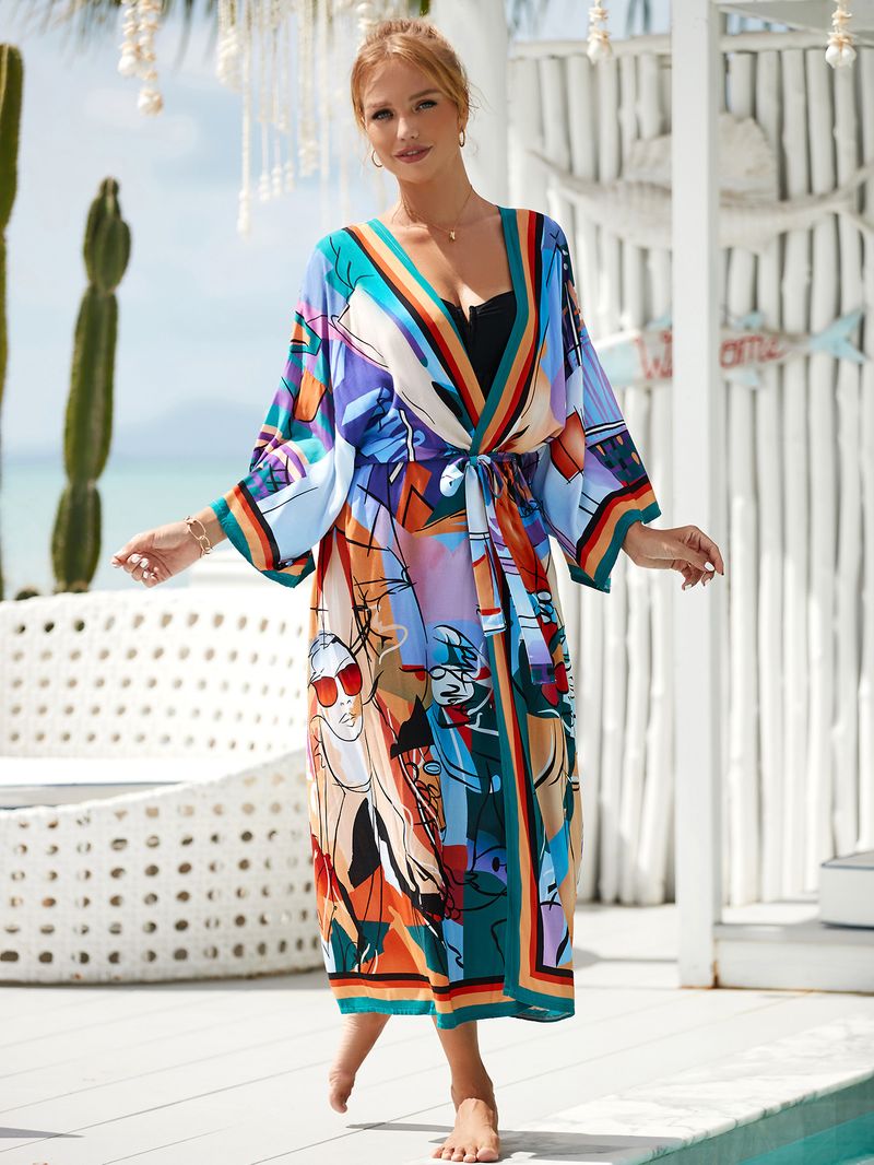 Women's Beach cover-up rayon positioning printed cardigan holiday sun protection shirt _voghion.com