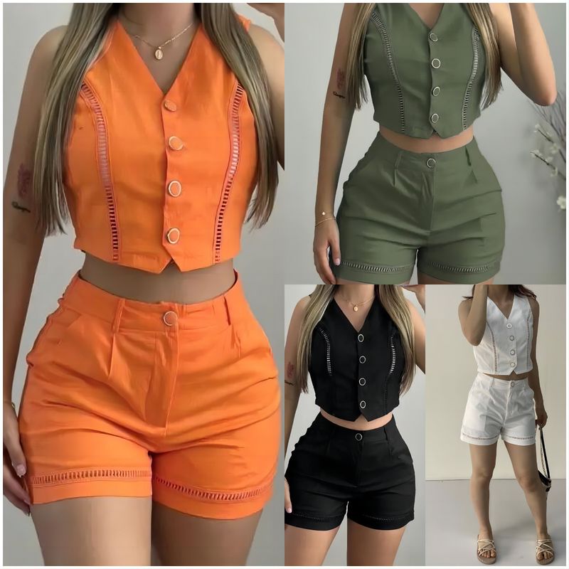 Ropa de mujer Traje de chaleco con botones informal de moda Ropa de mujer_voghion.com