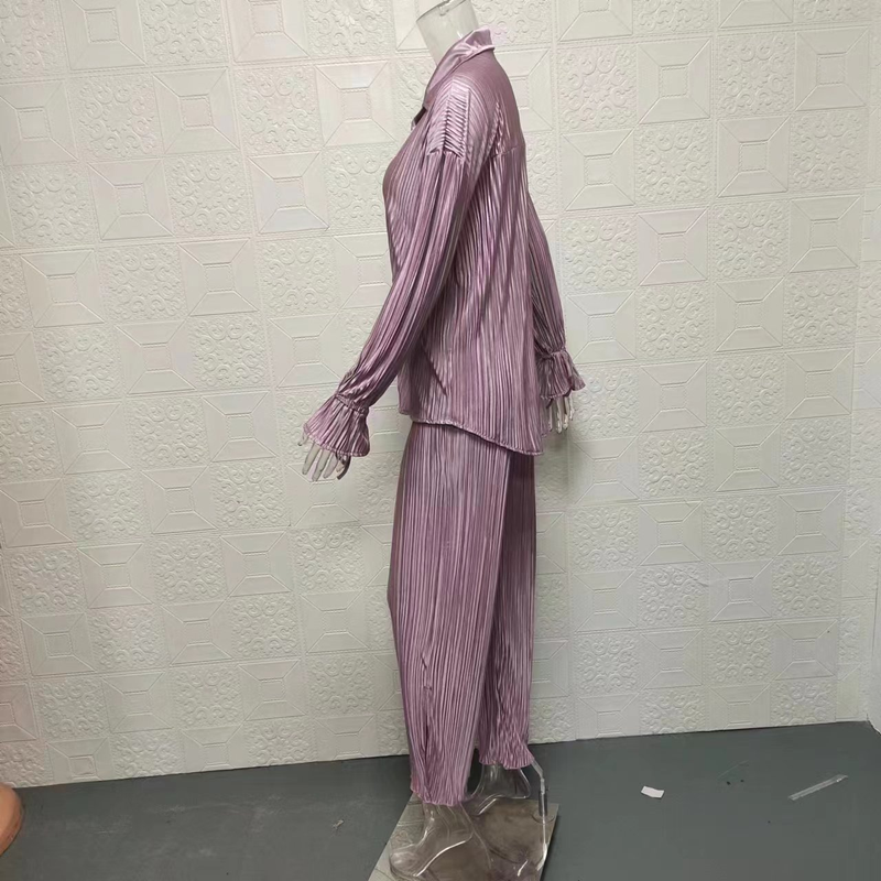 Set di due pezzi, camicia cardigan a maniche lunghe plissettata a maniche lunghe da donna per la primavera e l'autunno, top con spacco e pantaloni_voghion.com