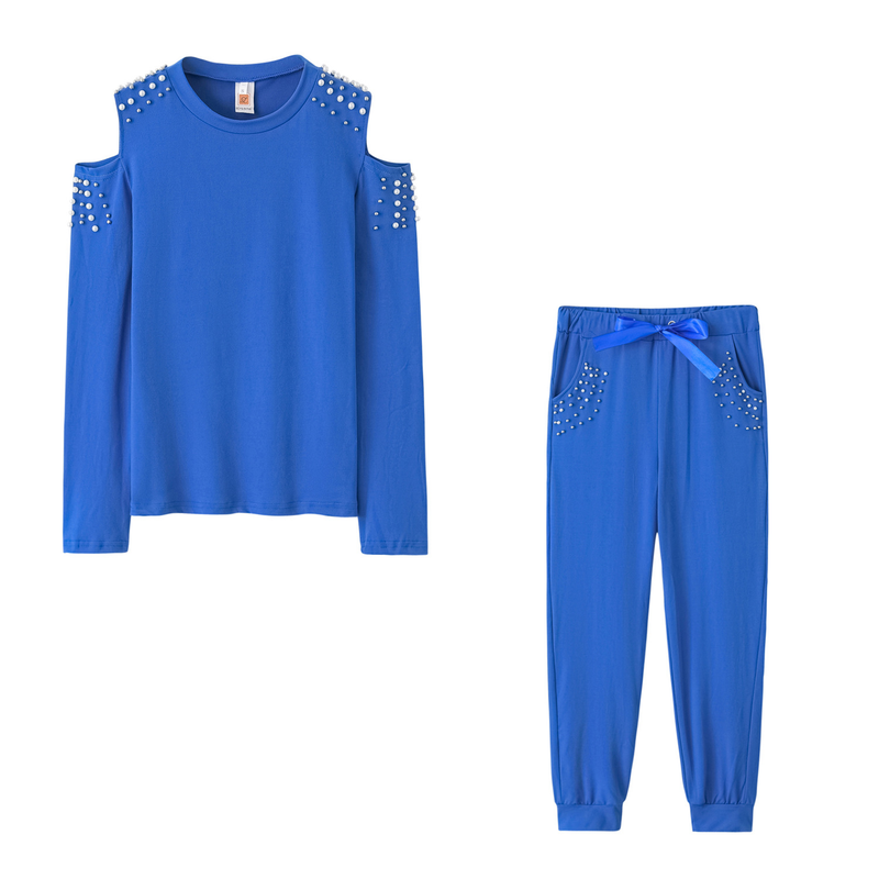Elegant Off-shoulder Beaded Jumpsuit Set For Women - Stylish Long Sleeve Top & Pants - Comfortable Polyester Blend - Black & Blue Options_voghion.com