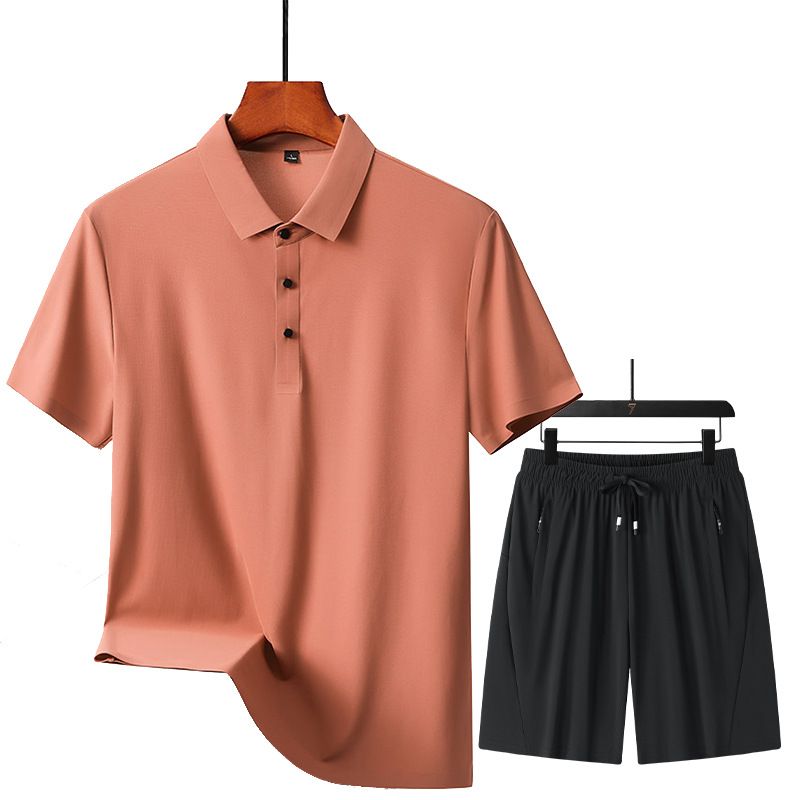 CT 2025 Novo Conjunto de Camiseta e Shorts Sem Costura de Seda Gelada para Homens, Cor Sólida, Polo Simples, Verão, Manga Curta Masculina_voghion.com