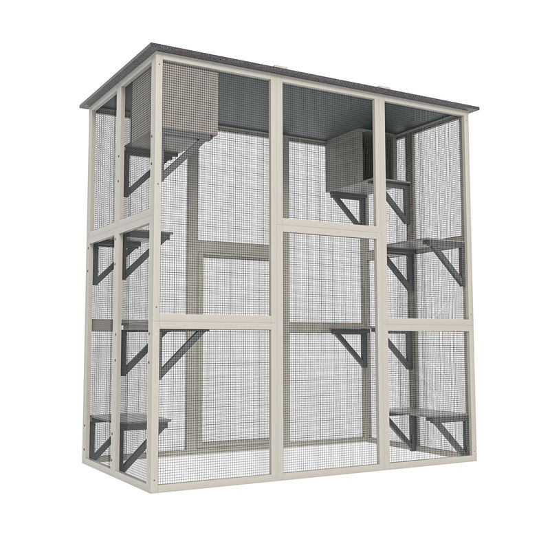 Gray Wooden Outdoor Catio Cat Enclosure With Weatherproof Asphalt Roof, Large Walk-in Cat House With 6 Platforms & 2 Napping Boxes, Solid Wood Cat Cage Kennel Condo Playpen For Patio_voghion.com