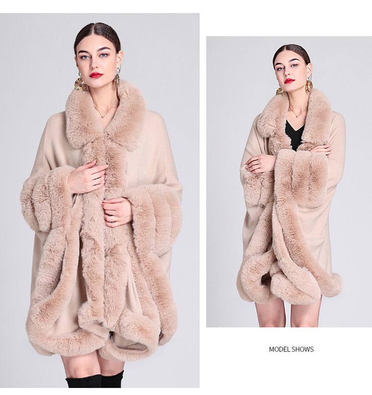 Pelerină cu guler de blană, cardigan tricotat lejer, mărime plus, pelerină pentru femei_voghion.com