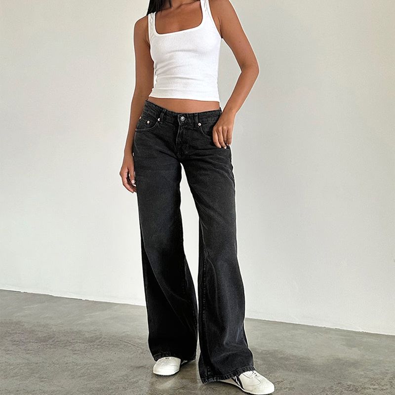 Jeans dritti lavati non elastici a vita bassa retrò da donna, pantaloni autunnali in denim a gamba larga da strada_voghion.com