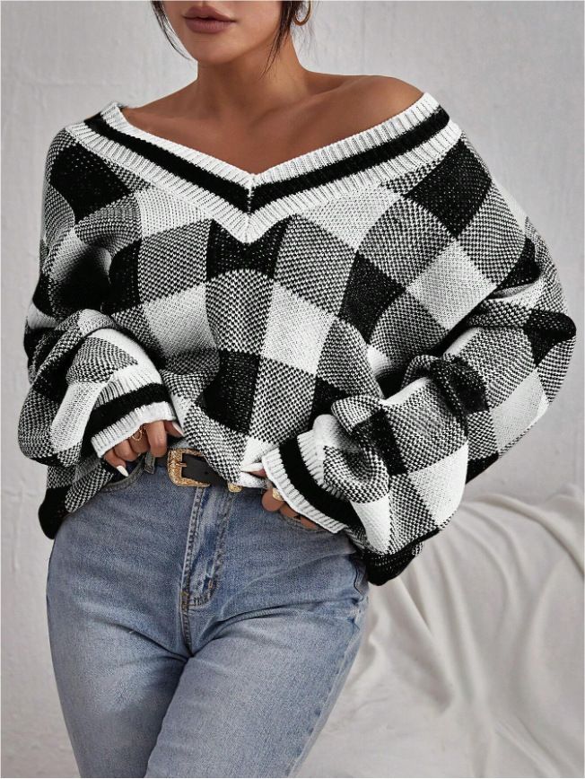 Maglione lavorato a maglia versatile a maniche lunghe con scollo a V, casual e scozzese, per donna, autunno inverno_voghion.com