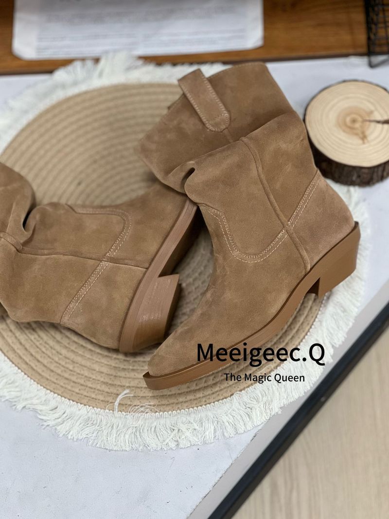 Cowhide Version~ Genuine Leather Martin Boots Slim Pointed Toe Thick Heel Short Boots For Women Autumn And Winter New Style_voghion.com