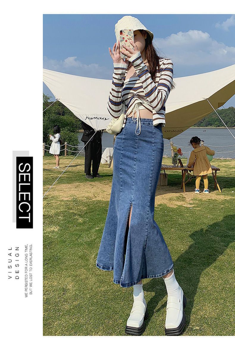 Fish tail half women's summer thin high waisted slit denim skirt, design sense, medium length elastic wrap around the_voghion.com