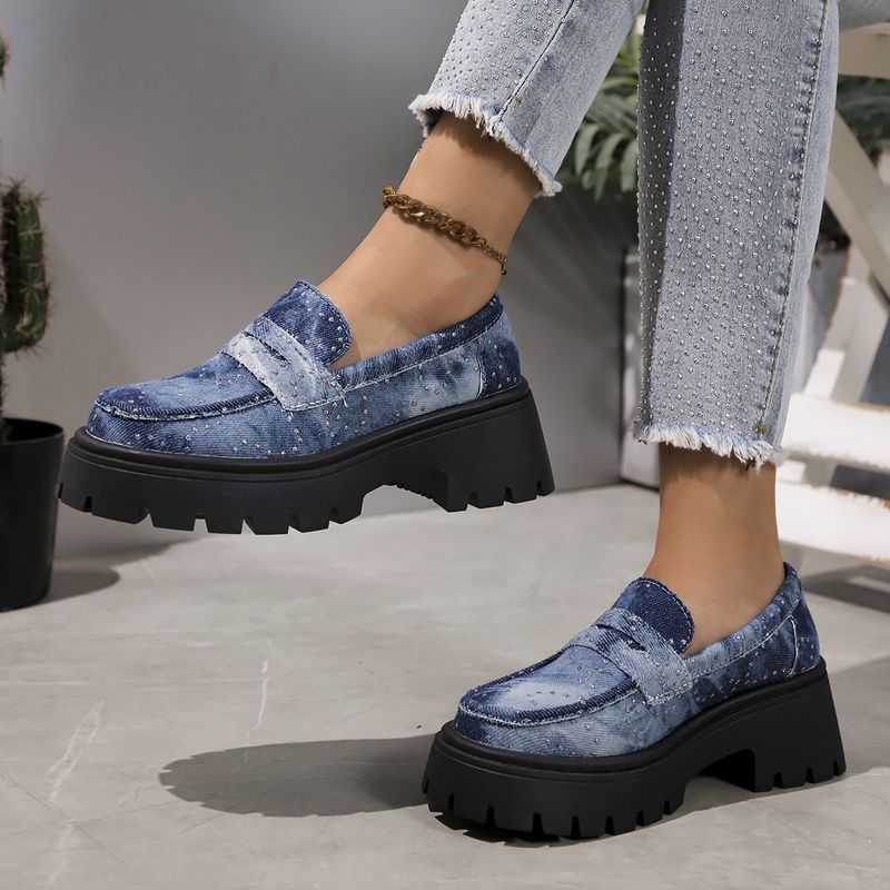 Damenschuhe mit Strasssteinen, dicker Sohle und dickem Absatz, einzelne Schuhe mit Strasssteinen, niedrigem Oberteil, bequem, Lazy One Step Loafers_voghion.com