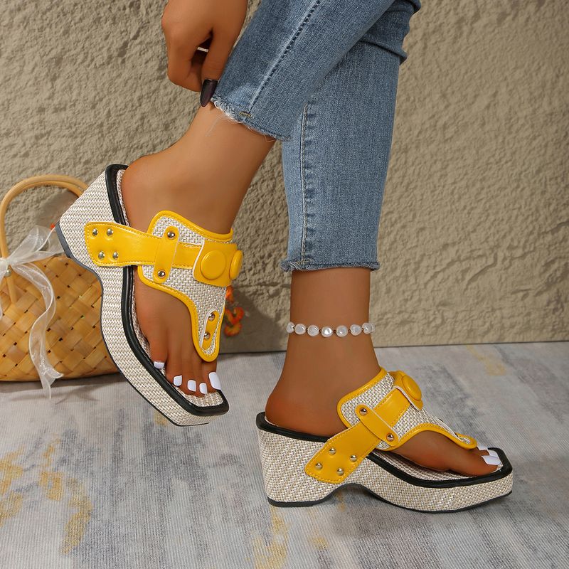 Women's Shoes Bohemian Style Wedge Heel Thick Sole, Sandals, Rivets, Elegant, Party, Simple, Solid Color, Summer_voghion.com