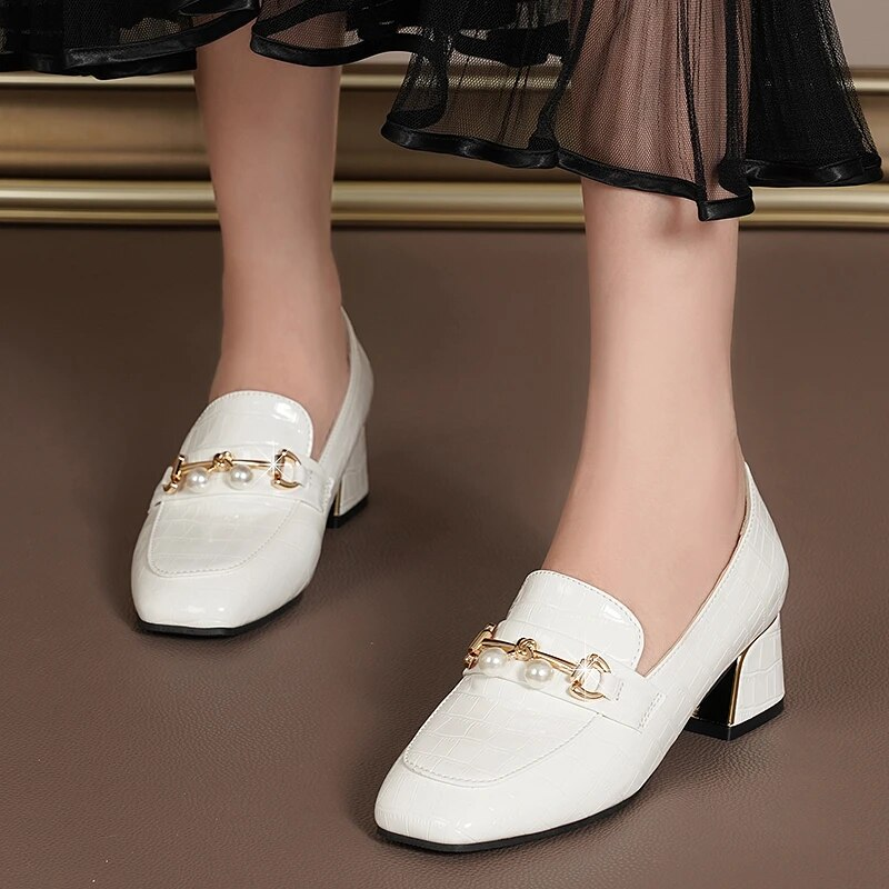 Soft Leather Middle Women Square Buckle Thick Heel Females Shoes Fashion Leisure Spring Ladies Dress Pumps Size 42_voghion.com