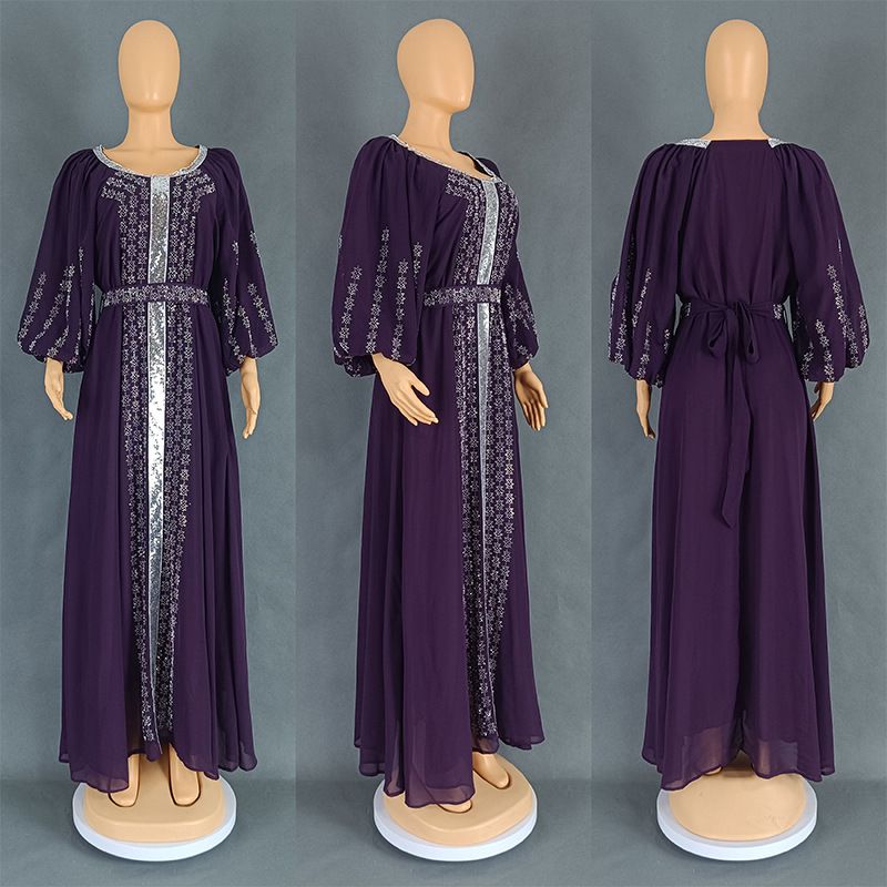 Abbigliamento da donna, abito lungo in chiffon con maniche a sbuffo, stile etnico mediorientale, con cintura e diamanti caldi_voghion.com