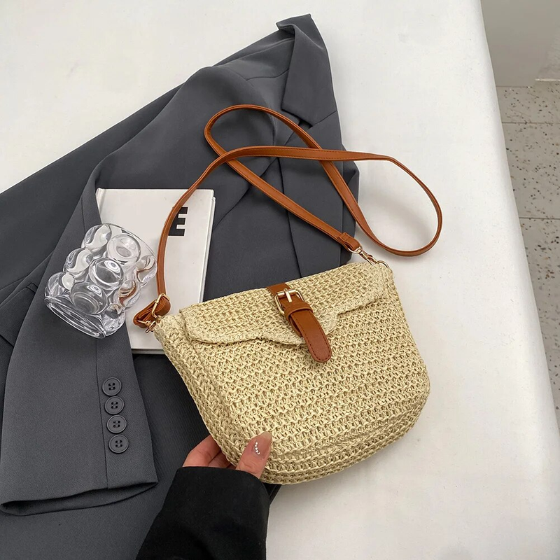 Borsa a tracolla da spiaggia da donna con cintura regolabile Borsa per telefono per la spesa estiva da donna con tracolla in conchiglia in paglia Boho_voghion.com
