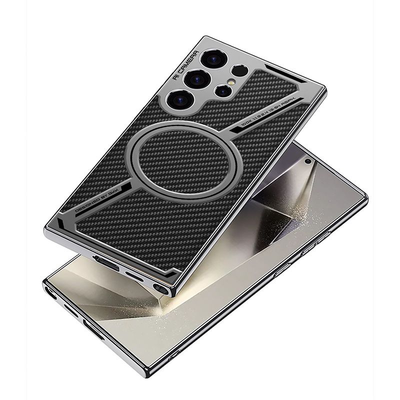 Kožené magnetické pouzdro ve tvaru Z s galvanicky pokoveným povrchem pro Samsung Galaxy S24Ultra/S23Ultra s bezdrátovým nabíjením, nárazuvzdorné ochranné pouzdro_voghion.com