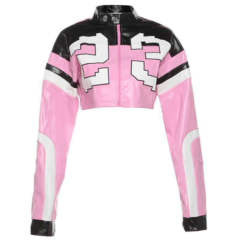 Giacca in pelle slim fit con patchwork ricamata a blocchi di colore, nuova moda estiva da donna 2024_voghion.com
