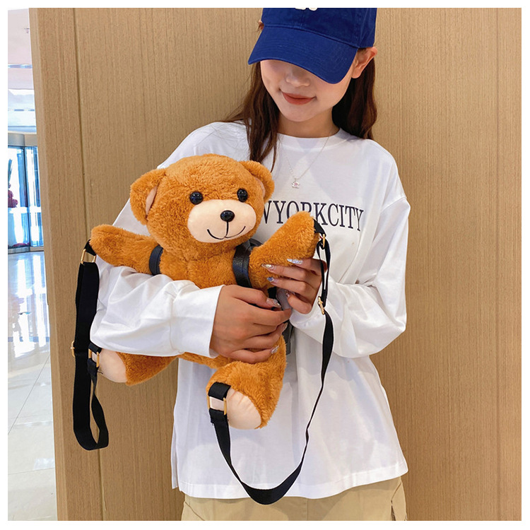 2024 Noua Modă Versatil Drăguț Rucsac Femeii Plush Motocicleta Ursuleț Rucsac Animal Doll Cartoon Doll Părinte Copil Bag_voghion.com