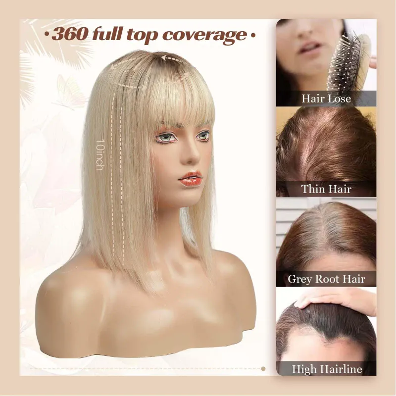 Parrucche con frangia, base in seta, clip in extension per capelli da donna, capelli umani Remy biondi e castani ombré_voghion.com