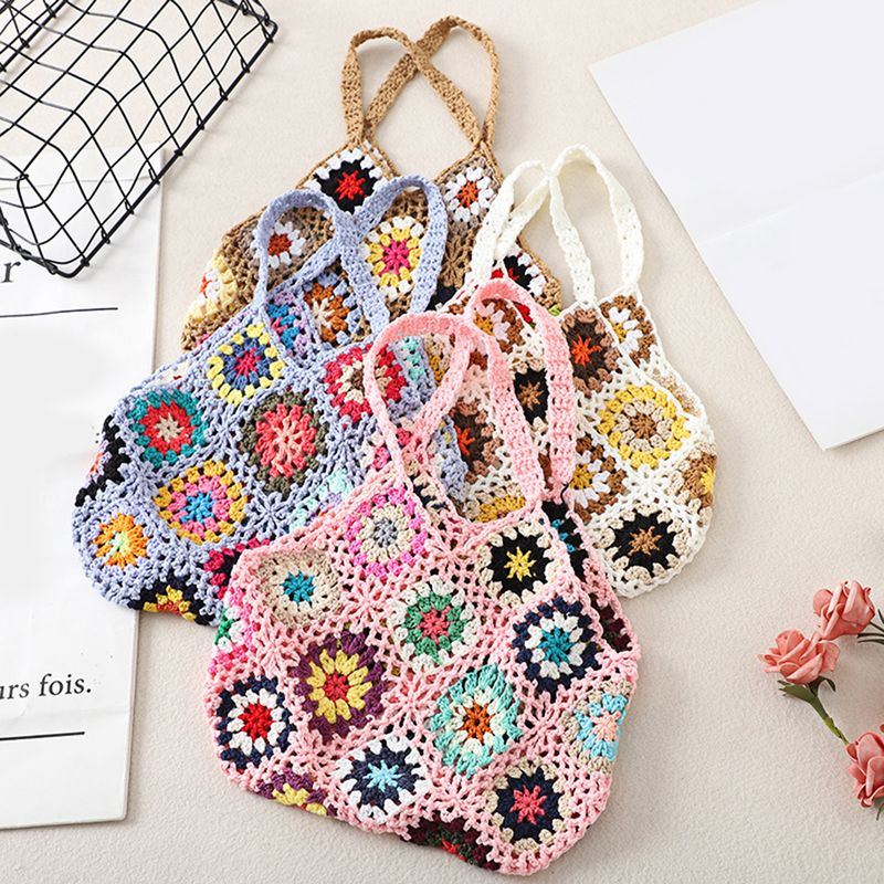 Lihao Women Tote Bag Floral Crochet Large Capacity Handmade Vintage Multicolor Hollow Out Handbag for Travel-Khaki One_voghion.com