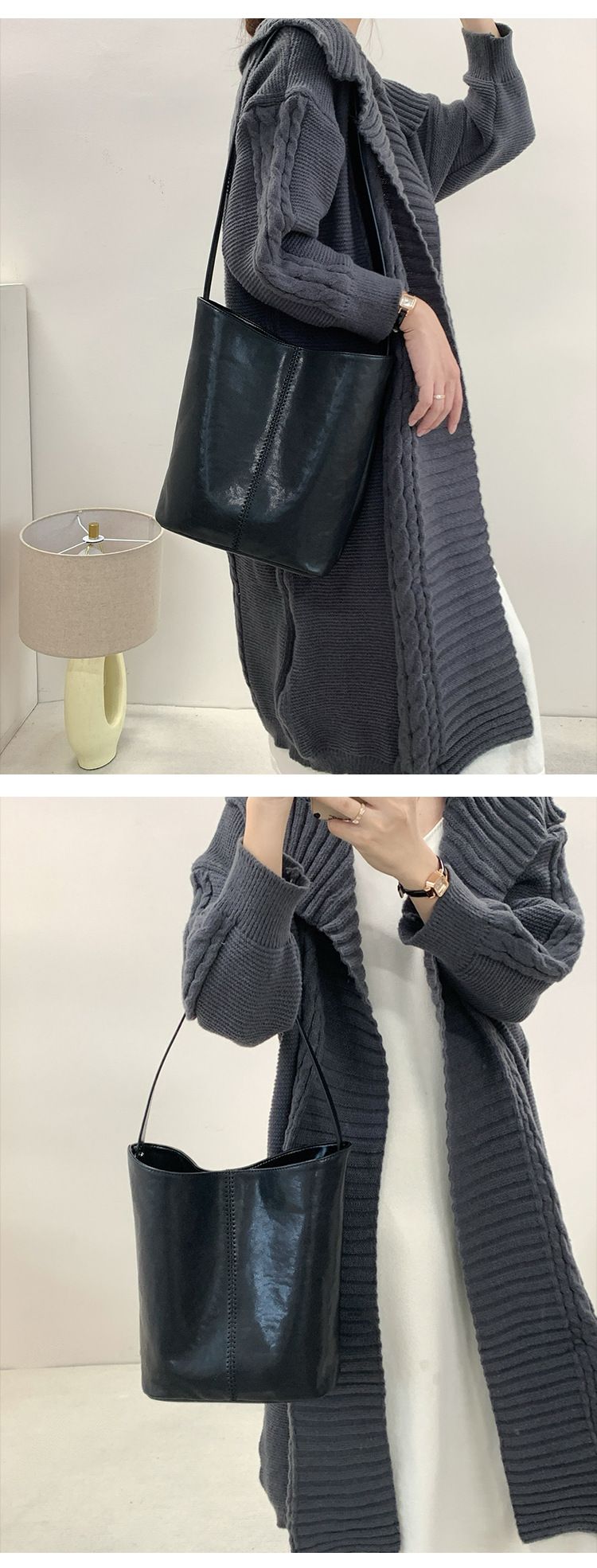 Hoofdlaag koeienhuid emmer 2024 nieuwe minimalistische stijl handgemaakte gestikte leren tas, enkele schouder crossbody tas voor_voghion.com