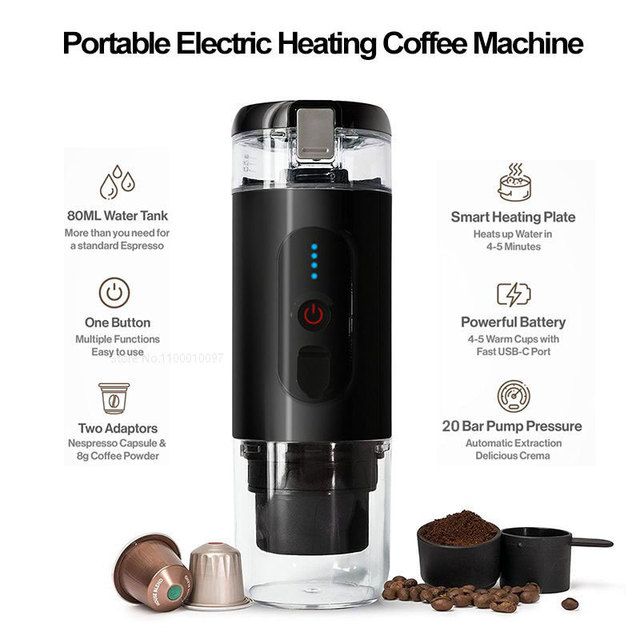 Nešiojamas kavos aparatas Espresso automobiliui ir namams Įkraunamas 20 barų DC12 V kavos virimo aparatas Fit Nespresso kapsulės kavos milteliai 20 barų_voghion.com