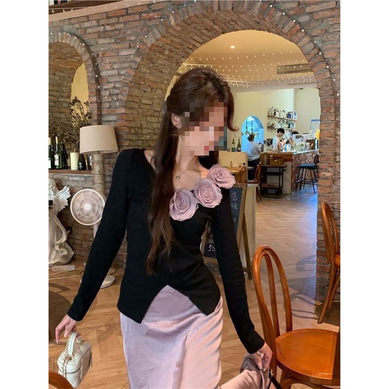 Nuovo elegante abito da donna alla moda con fiori di rosa, a vita alta, a mezza lunghezza, in maglia tridimensionale, autunno_voghion.com
