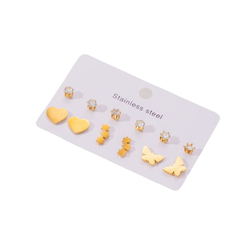 1 Set Simple Style Geometric Heart Shape Butterfly Irregular Plating Titanium Steel Zircon Ear Studs_voghion.com