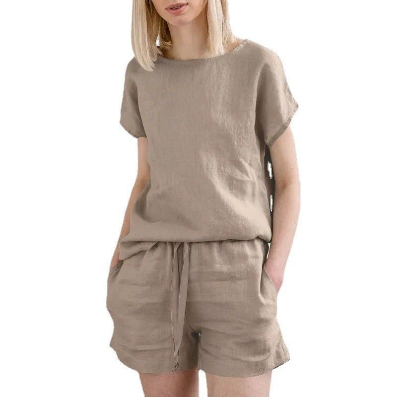 Tuta da donna con maniche corte, in cotone e lino, stile retrò, casual, tinta unita, con coulisse e pantaloncini._voghion.com