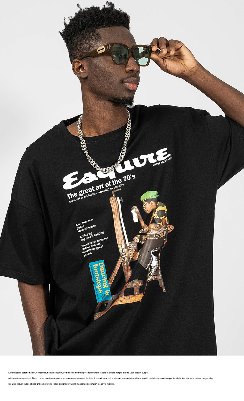 Camiseta de manga corta con pintura al óleo americana para hombre, de algodón de 220 g, holgada, de malla grande, color rojo neutro, estilo disfraz para pareja._voghion.com