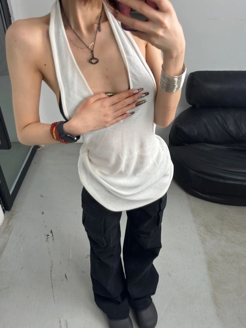 Canotta senza schienale con scollo a V e scollo a V, stile americano, vestibilità ampia, snellente, leggermente trasparente._voghion.com