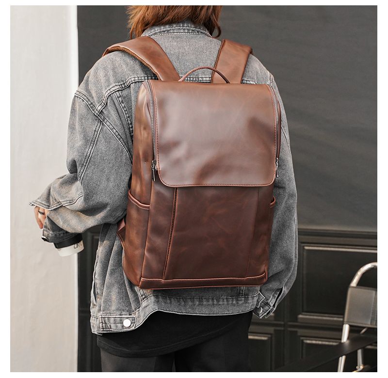 Korean Style Outdoor Leather Student English Retro Backpack_voghion.com