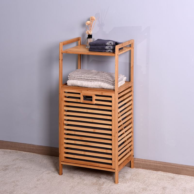 Bathroom Laundry Basket Bamboo Storage Basket with 2-tier Shelf 17.32 x 13 x 37.8 inch_voghion.com