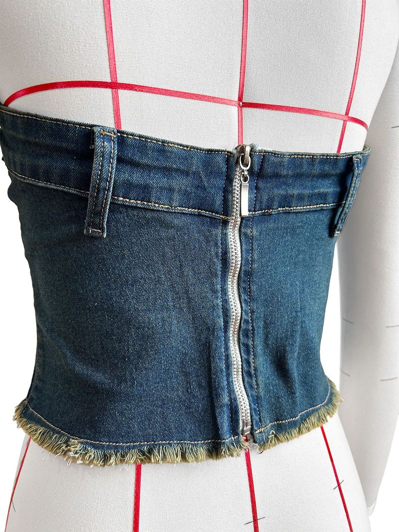 Women's Clothing Stretch Denim Fabric Patch Embroidery Denim Top_voghion.com