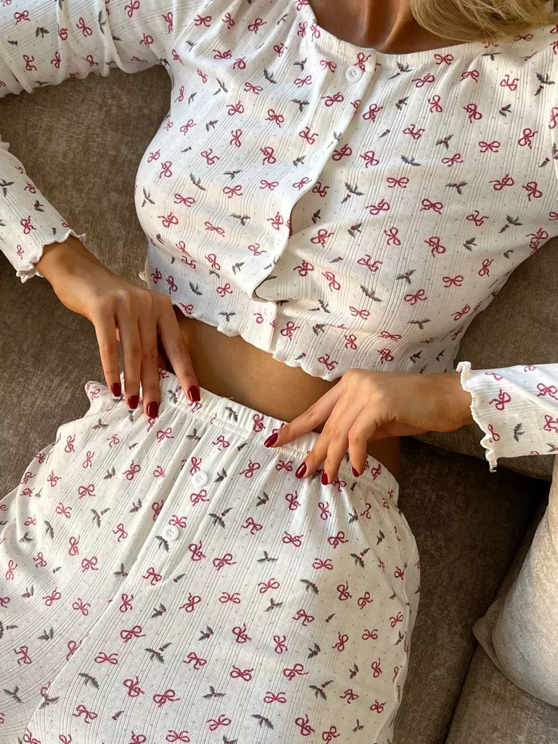 Ladies Butterfly Flower Floral Print Pajama Set, Short Waist Long-sleeved Top And Trousers, Thin Loungewear, Sweat-absorbing And Breathable._voghion.com