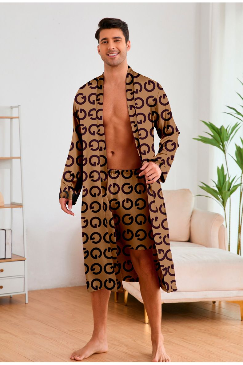 Summer And Autumn Printed Men's Nightgown Shorts Set Ice Silk Bathrobe Loungewear_voghion.com