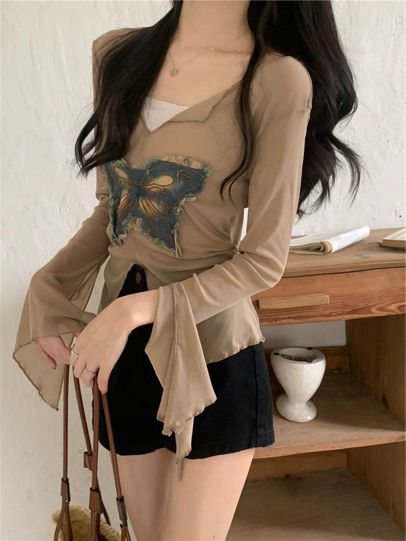 Camicia da donna estiva con cappuccio in maglia sottile a maniche lunghe e scollo a V, in tessuto a patch di farfalle americano di alta qualità_voghion.com