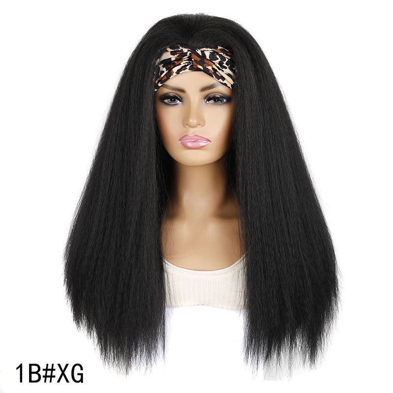 Hair Extensions Wigs women's hair band turban wig headpiece corn silk medium length synthetic black hair set turban long hair_voghion.com