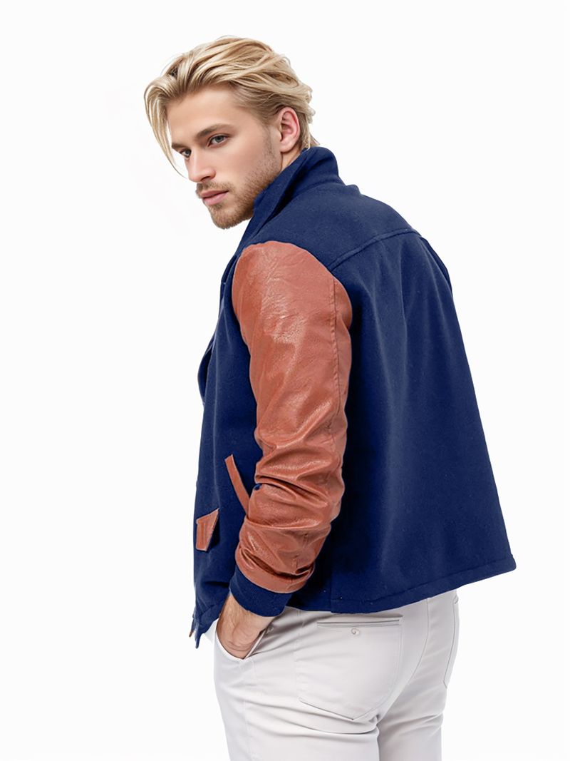2024 New PU Leather Spliced Woolen Men's Jacket with Collar and Color blocked Zipper Coat_voghion.com
