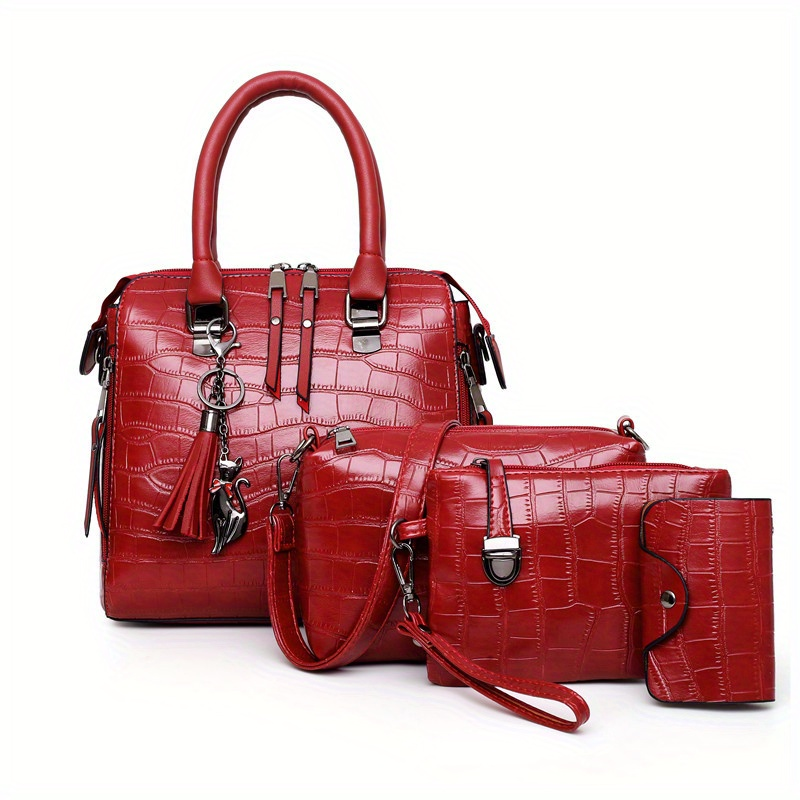 4pcs Pendant Tote Bag Crossbody Bag Card Holder Set, PU Leather Retro Shoulder Bag, Casual Versatile Commuter Bag_voghion.com